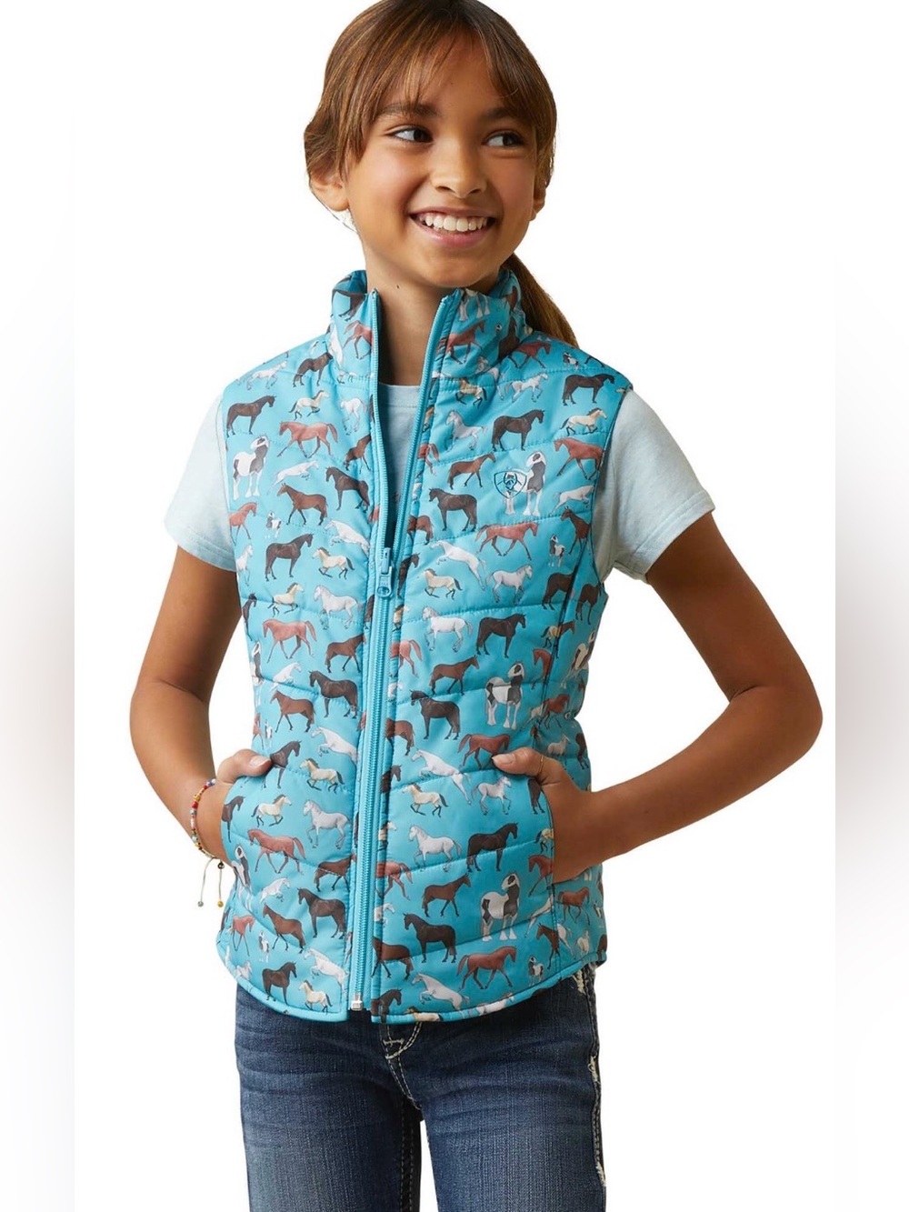 Title: Ariat Girls Horse Pattern Quilted Vest - Teal